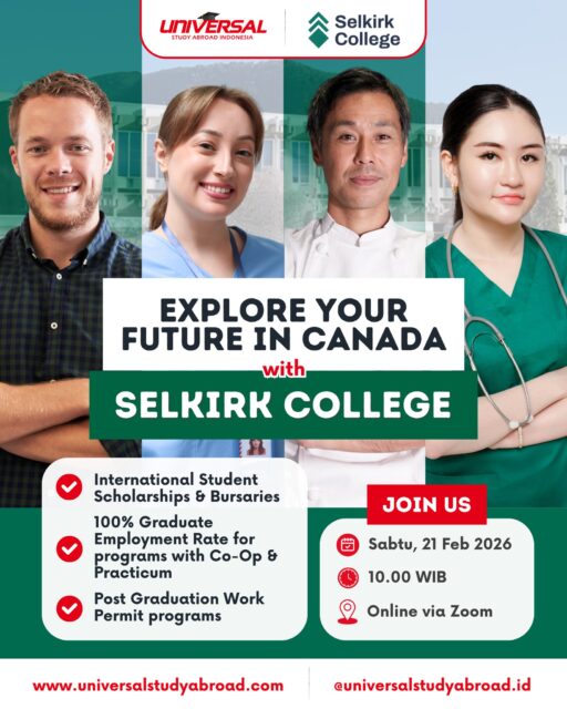 Get to know Selkirk College, the 1st Public Regional College in BC, Canada 🤩 Kesempatan untuk study & work di kota yang terkenal dengan low cost of living with high paying jobs!

Why Selkirk College? 👇
✅ International Student Scholarship & Bursaries
✅ PGWP programs available - Work in Canada after graduation!
✅ 100% Graduate Employment Rate
✅ Small-size classes with hands-on learning
✅ High quality education
✅ Opportunity to work, settle, and build your future in the West Kootenays

Yuk ikutan Info Session Selkirk College dengan @universalstudyabroad.id! DM atau chat WA: 0851-0000-8130 untuk RSVP ya, GRATIS 😊

#UniversalStudyAbroad #StudyAbroad #StudyinCanada #SelkirkCollege #KuliahLuarNegeri #BeasiswaLuarNegeri #CommunityCollege