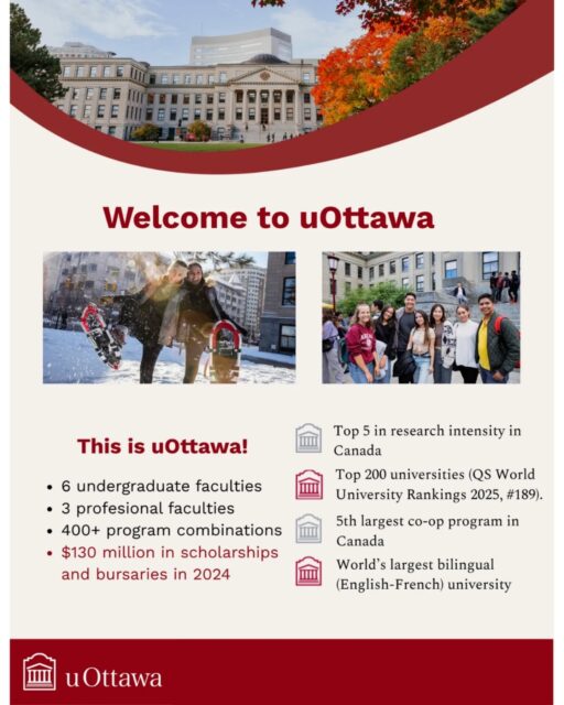 🎓 Dreaming of studying in Canada? 🇨🇦
Don’t miss our Online Info Session with University of Ottawa!

✨Top 5 in research intensity in Canada
✨Top 200 universities (QS World University Rankings 2025, #189)
✨5th largest co-op program in Canada
✨World's largest bilingual (English-French) university
✨Entrance Admission Scholarships Available*

🗓 Saturday, 14 February 2026
⏰ 10.00 WIB
💻 Online via Zoom

🔗 Register now: bit.ly/uOttawa0226
📲 More info: 0851 0000 8130

🚀 Your journey to a top Canadian university starts here!

#studyincanada #bachelor #scholarship #coop