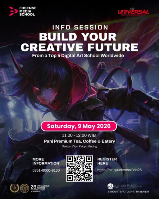🎨 Thinking about turning your creativity into a career?

Join our Info Session:
Build Your Creative Future
with a Top 5 Digital Art School Worldwide
✨3dsense Media School✨

🗓️ Saturday, 9 May 2026
⌚ 11.00 – 12.00 WIB
📍 Pani Premium Tea, Coffee & Eatery (Kelapa Gading, North Jakarta)

Dive into real opportunities in the digital creative world:
✨ Illustration
✨ Animation
✨ Design

Whether you're into drawing, storytelling, or visual design—this is where it starts.

🎟️ FREE & Open to Public (Limited Seats!)

🔗 Secure your spot: https://bit.ly/universal3ds26

📩 More info: @universalstudyabroad.id
📱 WhatsApp: 0851-0000-8130

#digitalartist #creativecareer #studyinsingapore #animator #illustrator