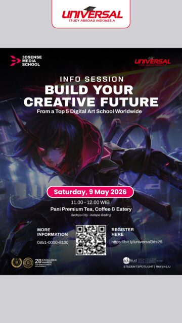 🎨 Thinking about turning your creativity into a career?

Join our Info Session:
Build Your Creative Future
with a Top 5 Digital Art School Worldwide
✨3dsense Media School✨

🗓️ Saturday, 9 May 2026
⌚ 11.00 – 12.00 WIB
📍 Pani Premium Tea, Coffee & Eatery (Kelapa Gading, North Jakarta)

Dive into real opportunities in the digital creative world:
✨ Illustration
✨ Animation
✨ Design

Whether you’re into drawing, storytelling, or visual design—this is where it starts.

🎟️ FREE & Open to Public (Limited Seats!)

🔗 Secure your spot: https://bit.ly/universal3ds26

📩 More info: @universalstudyabroad.id
📱 WhatsApp: 0851-0000-8130

#digitalartist #creativecareer #studyinsingapore #animator #illustrator