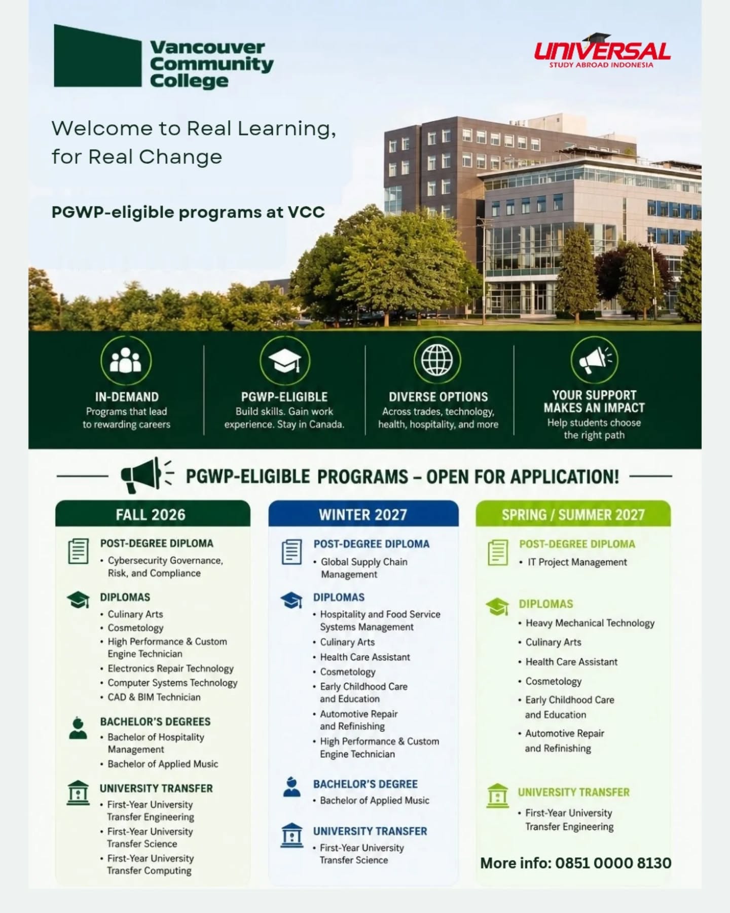 🇨🇦 Dreaming of studying in Canada?

PGWP-eligible programs available at Vancouver Community College (VCC)!

✨ Affordable tuition fees
✨ Located in vibrant Vancouver, British Columbia
✨ Opportunity to work in Canada after graduation through eligible PGWP pathways

Limited seats available for upcoming intakes!

📩 Apply now with Universal Study Abroad Indonesia
📱 0851 0000 8130

#StudyInCanada #StudyInVancouver #VCC #VancouverCommunityCollege #PGWP