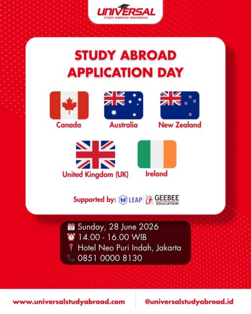 🌏 Thinking about studying abroad?
Join our Study Abroad Application Day supported by LEAP GEEBEE and explore study opportunities in:
🇨🇦 Canada
🇦🇺 Australia
🇳🇿 New Zealand
🇬🇧 United Kingdom
🇮🇪 Ireland

Get information about admissions, scholarships, pathways, and many more:
📅 Sunday, 28 June 2026
🕑 14.00 – 16.00 WIB
📍 Hotel Neo Puri Indah, Jakarta Barat

📩 DM us for more information and RSVP.

#StudyInCanada #StudyInAustralia #StudyInNewZealand #StudyInUK #StudyInIreland