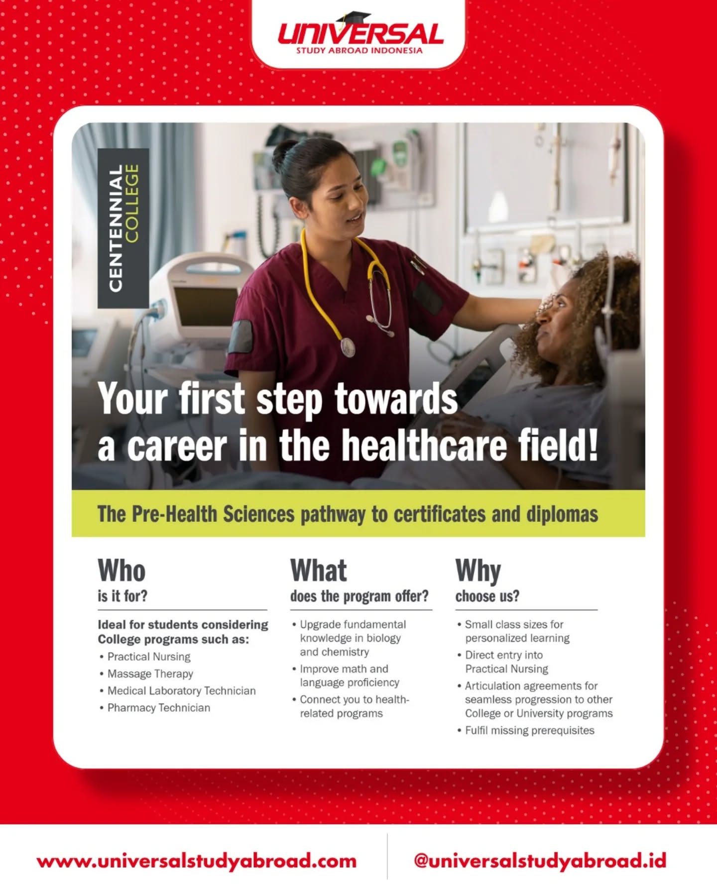 🏥 Ingin berkarier di bidang Healthcare?

Program Pre-Health Sciences di Centennial College, Canada dapat menjadi langkah awal menuju berbagai program kesehatan dan profesi yang banyak dibutuhkan di masa depan.

Cari tahu lebih lanjut mengenai Program Pre-Health Sciences dan peluang studi di bidang Healthcare pada:

📅 Sunday, 28 June 2026
🕑 14.00 –  16.00 WIB
📍 Hotel Neo Puri Indah, Jakarta Barat
📱 Info & RSVP: 0851 0000 8130

See you there! 🇨🇦

#healthcare #studyincanada #pgwp #studyabroad