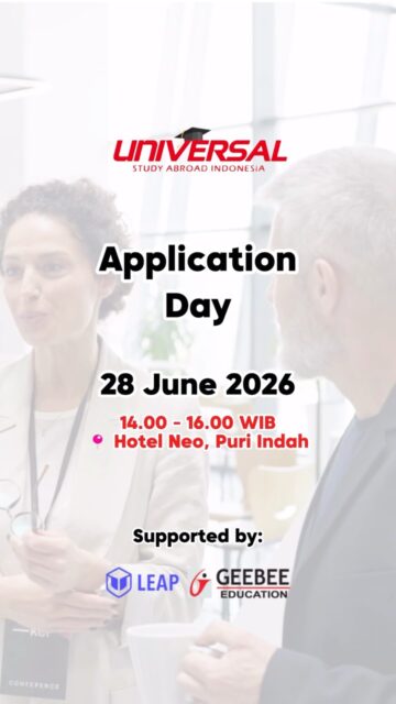 INTERNATIONAL APPLICATION DAY 2026 🇨🇦🇦🇺🇳🇿🇬🇧🇮🇪 Come & get FREE 1-on-1 consultation for your study abroad preparation!

📅 Minggu, 28 Juni 2026
⏰ 14.00-16.00 WIB
📍 Hotel Neo, Puri Indah 
RSVP: 0851-0000-8130 
Free of charge!

Get info regarding: 
✅ Study abroad programs
✅ Partial Scholarships
& many more 

See you, Parents & Students! 

#studyabroad #educationfair #kuliahluarnegeri #beasiswaluarnegeri #scholarships