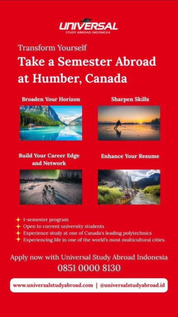 🍁 Kuliah 1 semester di Kanada? Why not!

Winter 2027 Visiting Student Program di Humber Polytechnic resmi dibuka! 🇨🇦

✨ Study in Toronto for one semester
✨ Open for university students
✨ Experience life in one of the world's most multicultural cities

📅 Application Deadline: 15 October 2026

📩 Apply sekarang melalui Universal Study Abroad Indonesia

#StudyInCanada #VisitingStudent #StudentExchange #StudyAbroad