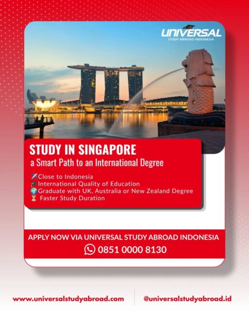 🇸🇬 Study in Singapore: A Smart Path to an International Degree

Looking for a world-class education that's close to home? Singapore offers internationally recognized qualifications, industry-focused learning, and a vibrant multicultural environment—making it one of the top study destinations for international students.

✨ Why choose Singapore?
📍 Close to Indonesia with easy travel access
🎓 High-quality education with internationally recognized standards
🌏 Opportunity to graduate with a degree from reputable universities in the UK, Australia, or New Zealand through selected partner institutions

Whether you're planning your Bachelor's degree or looking for a pathway to a globally recognized qualification, Singapore could be the perfect place to start your journey.

📲 Apply now via Universal Study Abroad Indonesia
💬 WhatsApp: 0851-0000-8130

Let's find the right institution and program for your future! 🇸🇬

#StudyInSingapore #StudyAbroad #KuliahDiSingapore #KuliahLuarNegeri