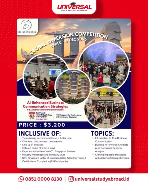 🇸🇬 Experience student life at Singapore's top universities! ✨

Join the Winter Camp at NTU / SMU Singapore

🌏 Learn from world-class academics
🤝 Meet students from around the world
🎓 Explore campus life in Singapore

❄️ Limited slots available!

📩 Register now through Universal Study Abroad Indonesia and let us help you every step of the way.

DM us for more information!

#StudyInSingapore #WinterCamp #NTU #SMU