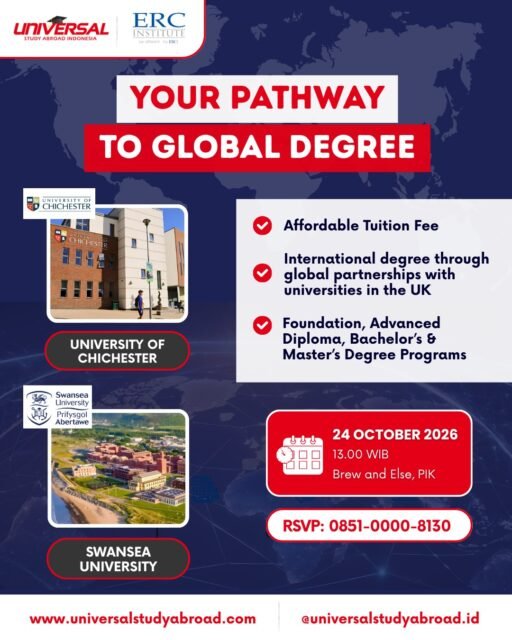 Study at ERC Institute Singapore and earn a degree from the University of Chichester or Swansea University in the UK! 

Why choose ERC Institute?
- Affordable tuition fees
- Study in Singapore with pathways to internationally recognized UK degrees
- Study options, from Foundation and Advanced Diploma to Bachelor’s and Master’s programmes

Join Info Session @erc_institute with @universalstudyabroad.id: 
Sabtu, 24 Oktober 2026
13.00 WIB
Brew and Else, PIK
RSVP: 0851-0000-8130 

See you there, Parents & Students!

#StudyAbroad #StudyinSingapore #StudyintheUK #UniversityPathway #College
