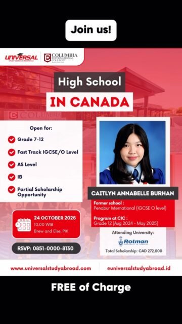 Start your abroad journey with @columbia.international.college Canada!

Join our Info Session: 
📅 Sabtu, 24 Oktober 2026
⏰ 10.00 WIB
📍 Brew and Else, PIK
RSVP: 0851-0000-8130

Kenapa SMA di CIC, Canada?
✅ Fast-track untuk students dengan IGCSE/O Level
✅ Kurikulum OSSD yang diakui diseluruh dunia
✅ Multicultural community
✅ Total Care Education System - Academic, Social, Emotional & Physical
✅ Elite Pathway Program - kesempatan lebih besar ke world’s TOP universities!

Contact @universalstudyabroad.id untuk info lebih lanjut, chat via WA 👉 0851-0000-8130

#StudyAbroad #StudyinCanada #HighSchool #KuliahLuarNegeri #UniversalStudyAbroad