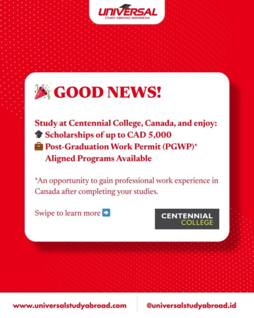 Ini kesempatan kamu untuk Study & Work in Canada!
Centennial College, Canada menawarkan beasiswa up to CAD 5000

Yuk datang ke Universal Study Abroad Indonesia's Application Day untuk info lebih lanjut 👇
📅 Sunday, 28 June 2026
🕑 2:00 PM – 4:00 PM WIB
📍 Hotel Neo Puri Indah
  Jakarta Barat
📱 Info & RSVP: 0851 0000 8130

#studyincanada #studyintoronto #pgwp #healthcare #studyabroad