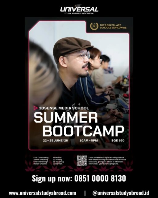 Belajar animasi di Singapore cuma 4 hari?? 👀✨

Bisa banget!

Get a taste of 3dsense Media School 1-Year Diploma Program lewat Summer Bootcamp selama 4 hari 🎬🎨

📅 22 - 25 June 2026

Kamu bakal belajar langsung:
✨ FX & Compositing, Animation, Animal Sketching, Character Design sampai dengan Career Talk with award-winning lecturers.

Cocok banget buat kamu yang penasaran dunia animation, VFX, dan game art industry 🎮🎥

Yuk DM admin sekarang untuk join bootcamp-nya! 💌

⚠️ Limited seats available

#sekolahanimasi #studyinsingapore #illustration